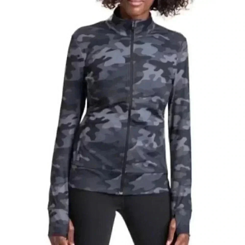 Lolรซ Active Yoga Workout Zip Up Gym Track Jacket Black Grey Camo Print Small NWT